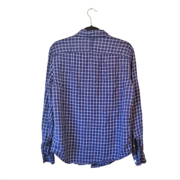 Banana Republic Navy Blue Plaid 100% Linen Camden Standard Fit Shirt - Picture 2 of 5